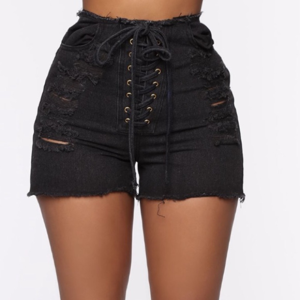 Laced up black high waisted shorts
